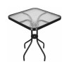 Štvorcový záhradný stolík s rozmermi 60x60 cm, vhodný až pre 4 osoby. Stabilná kovová konštrukcia, sklenená doska z tvrdeného skla. Kompaktné rozmery, perfektné na terasy, záhrady alebo ako odkladací stolík.