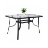 Elegantný záhradný stôl s rozmermi 120x70 cm, vhodný pre 4-6 osôb. Stabilná kovová konštrukcia, 5 mm bezpečnostné sklo, stredový otvor pre slnečník, nosnosť 120 kg.