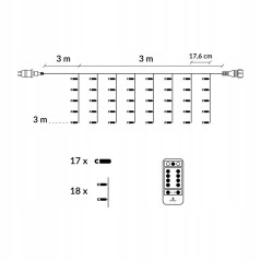 LED svetelný záves - 3x3m, 306LED, 8 funkcií, ovládač, IP44, studená biela