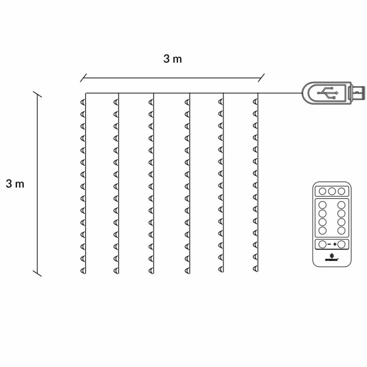 LED Nano svetelný záves - 3x3m, 300LED, 8 funkcií, ovládač, USB, IP44, modrá LED Nano svetelný záves - 3x3m, 300LED, 8 funkcií, ovládač, USB, IP44, modrá