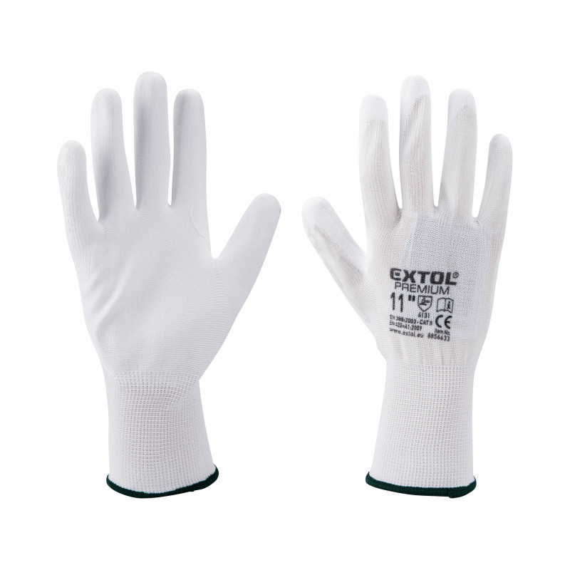 Rukavice z polyesteru polomáčané v PU, biele, 9"