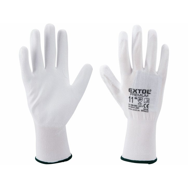 Rukavice z polyesteru polomáčané v PU, biele, 9"