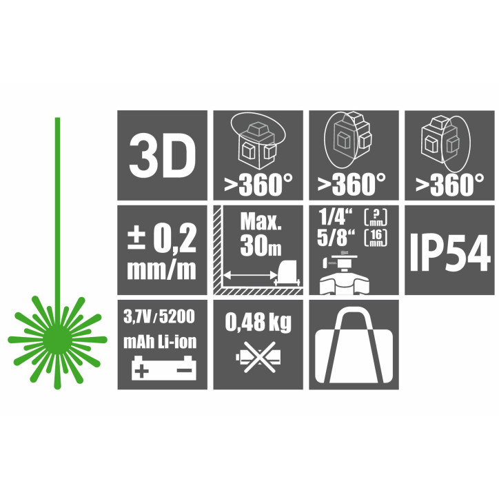 Laser líniový, krížový samonivelačný, zelený, 3D (3x360°), Li-ion akumulátor, USB nabíjanie