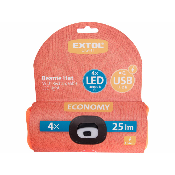 Čiapka oranžová s čelovým svetlom, LED 4x25lm, 250mAh Li-ion, nabíjanie cez USB