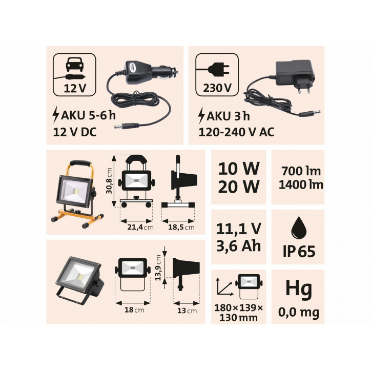 Svietidlo nabíjateľné LED, 20W, 1400lm, 11,1V Li-ion, 4400mAh, IP65, 12+230V, EXTOL LIGHT