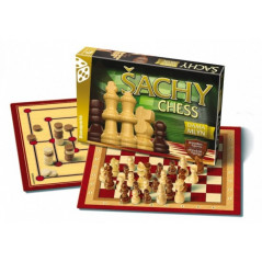 Šach, dáma, mlyn drevené figúrky a kamene spoločenská hra v krabici 35x23x4cm