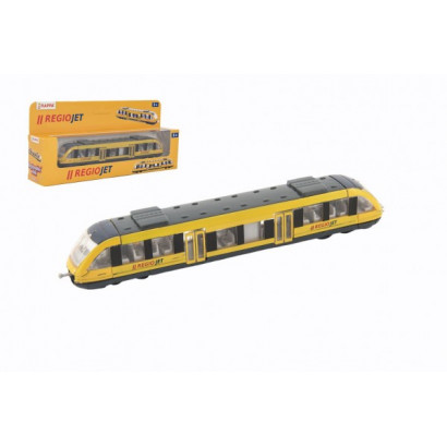 Vlak žltý RegioJet kov / plast 17cm na voľný chod v krabičke 21x9,5x4cm