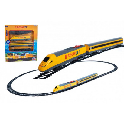 Vlak žltý RegioJet s koľajnicami 18ks plast so zvukom a svetlom v krabici 38x43x6cm