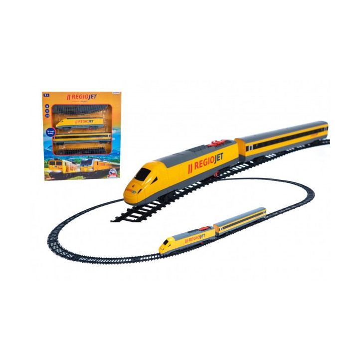 Vlak žltý RegioJet s koľajnicami 18ks plast so zvukom a svetlom v krabici 38x43x6cm