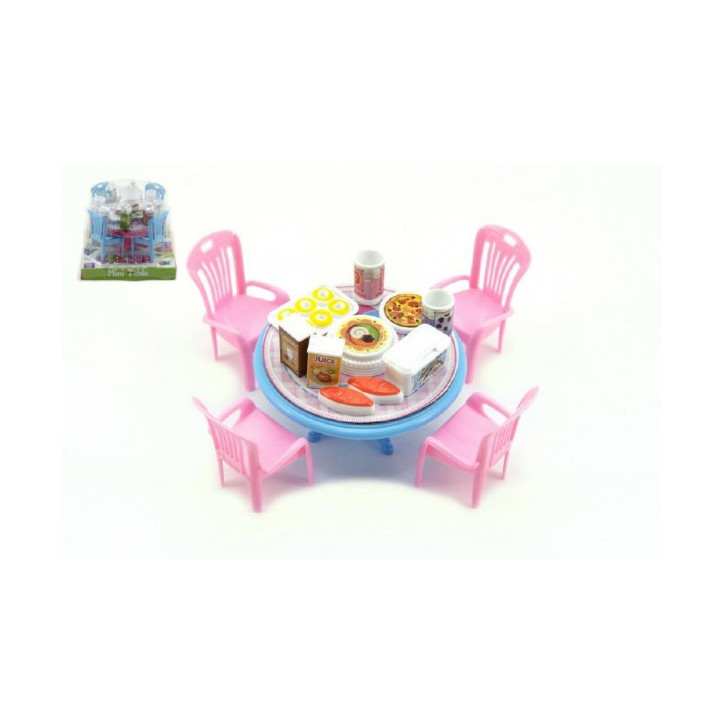 Stôl a stoličky s doplnkami plast 12cm asst 3 farby v blistri