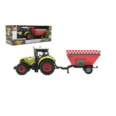 Traktor s vlekom plast 28cm na zotrvačník na batérie so zvukom sa svetlom v krabici 34x12,5x10,5cm