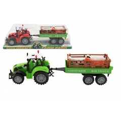 Traktor s vlekom a zvieratkami plast 34cm na zotrvačník 2 farby v blistri