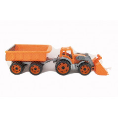 Traktor / nakladač / bager s vlekom s lyžicou plast na voľný chod 2 farby v sieťke 16x61x16cm