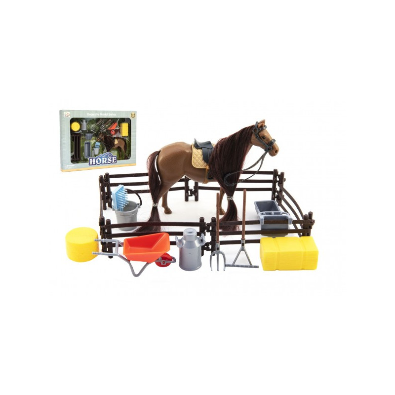 Kôň česacia hnedý plast s doplnkami a ohradou v krabici 34x25x5cm