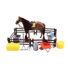 Kôň česacia hnedý plast s doplnkami a ohradou v krabici 34x25x5cm