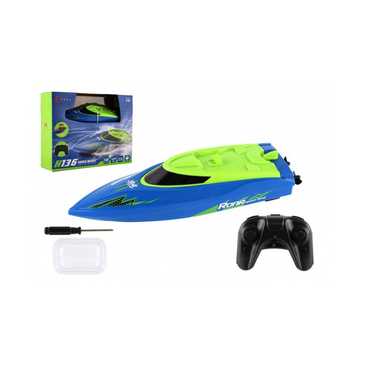Motorový čln/loď do vody RC plast 22cm modrý na batérie+dob. pack+USB 2,4 Ghz v krabici 30x23x9cm