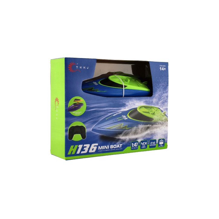 Motorový čln/loď do vody RC plast 22cm modrý na batérie+dob. pack+USB 2,4 Ghz v krabici 30x23x9cm