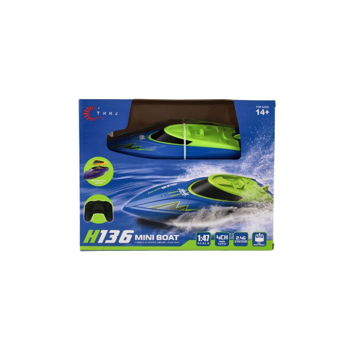 Motorový čln/loď do vody RC plast 22cm modrý na batérie+dob. pack+USB 2,4 Ghz v krabici 30x23x9cm