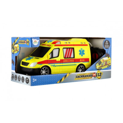 Auto RC ambulancie plast 20cm na diaľkové ovládanie 27MHz na batérie so svetlom v krabici 28x13x11cm