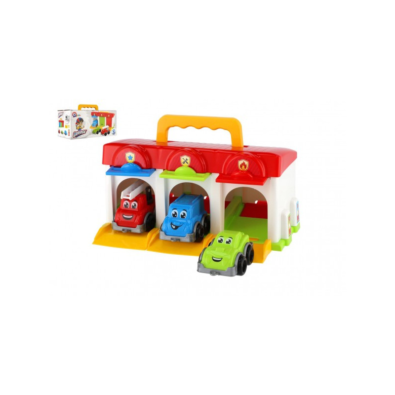 Garáž s autíčkami 3ks + doplnky plast v krabici 27x14x15cm