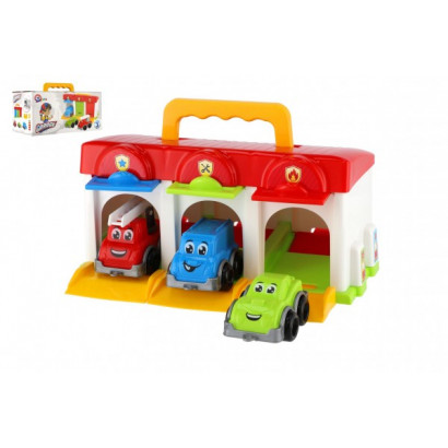 Garáž s autíčkami 3ks + doplnky plast v krabici 27x14x15cm