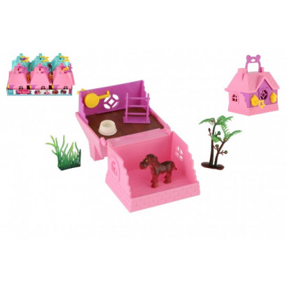 Domček so zvieratkom / Pokladnička s kľúčikom s doplnkami 2v1 plast 9,5 x10x8cm 2 farby 6ks v boxe