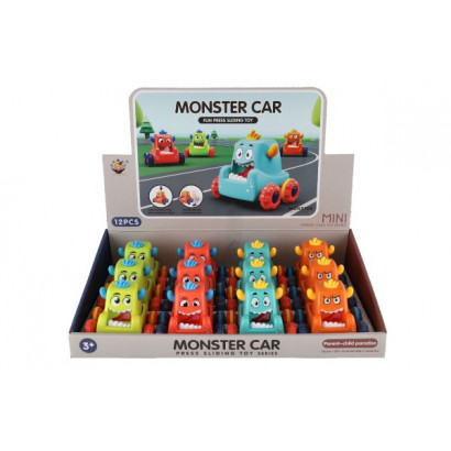 Auto monster plast 9x8cm mačkacie jazdiace 4 farby 12ks v boxe