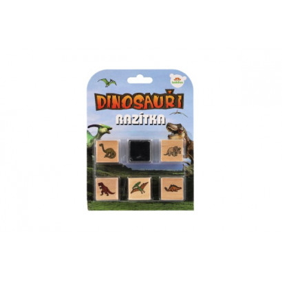 Pečiatky drevené 5+1 s poduškou dinosaury 3x3cm na karte
