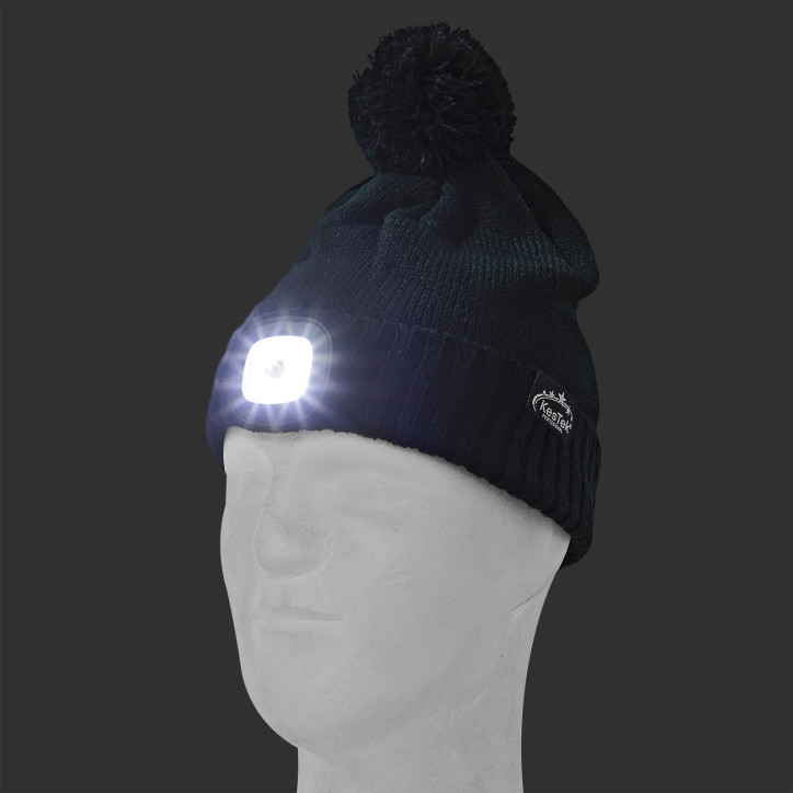 Pletená čiapka s LED svetlom a brmbolcom, čierna