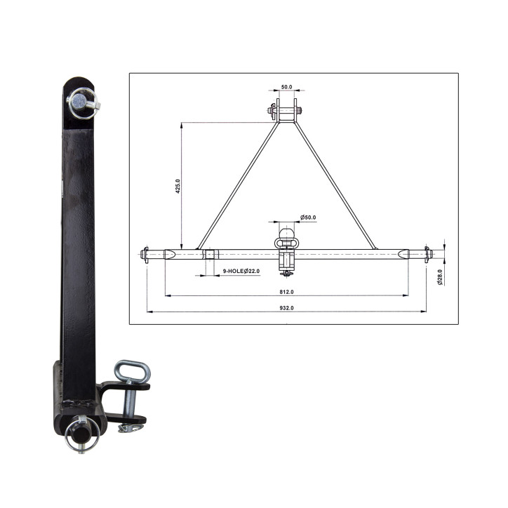 Ťažná lišta s trojbodovým zavesením 932 mm Kat. 2