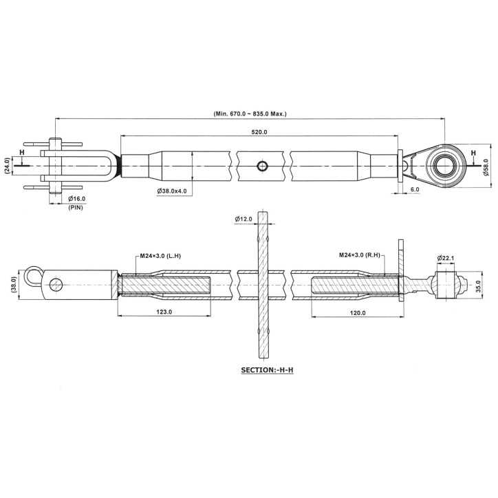 Stabilizátor na spodné rameno 670-835 mm M24x3