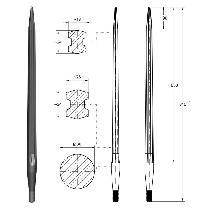 Hrot predný nakladací 22x1,5/810 mm, červený Hrot predný nakladací 22x1,5/810 mm, červený