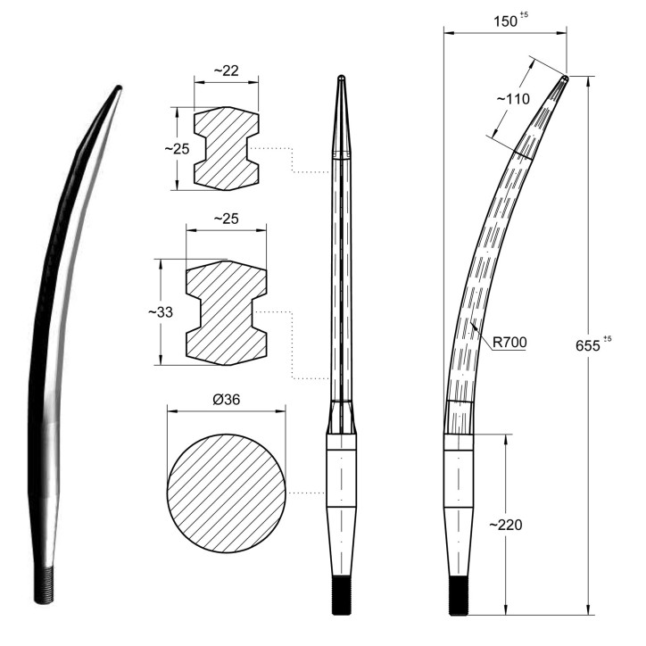 Hrot čelného nakladača ohnutý 22x1,5/680 mm Hrot čelného nakladača ohnutý 22x1,5/680 mm