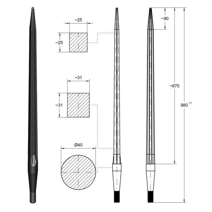 Hrot čelného nakladača štvorhranný 28x1,5/980 mm Hrot čelného nakladača štvorhranný 28x1,5/980 mm