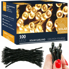 LED reťaz - 12m, 100LED, 8 funkcií, solar, IP44, teplá biela