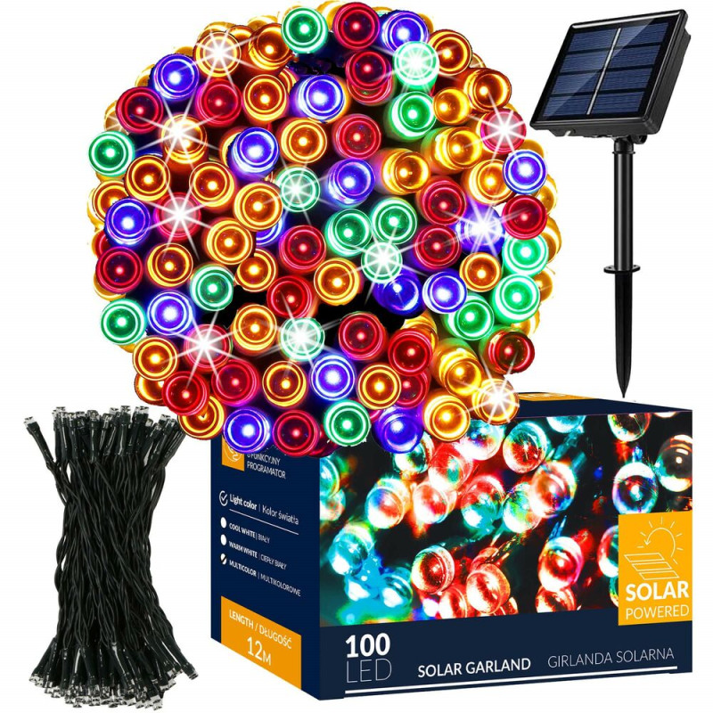 LED reťaz - 12m, 100LED, 8 funkcií, solar, IP44, multicolor