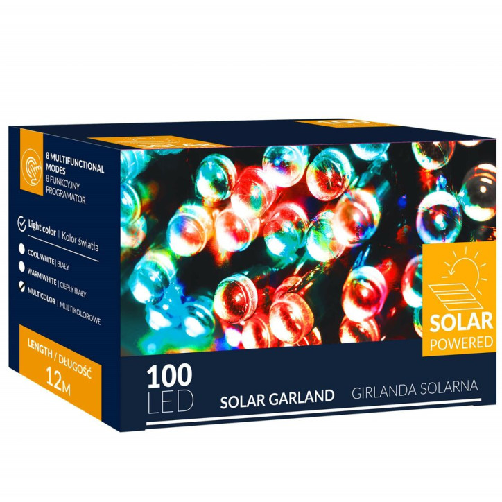 LED reťaz - 12m, 100LED, 8 funkcií, solar, IP44, multicolor LED reťaz - 12m, 100LED, 8 funkcií, solar, IP44, multicolor
