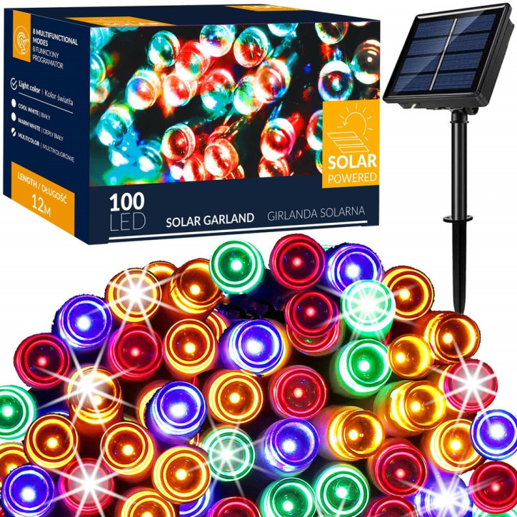 LED reťaz - 12m, 100LED, 8 funkcií, solar, IP44, multicolor LED reťaz - 12m, 100LED, 8 funkcií, solar, IP44, multicolor