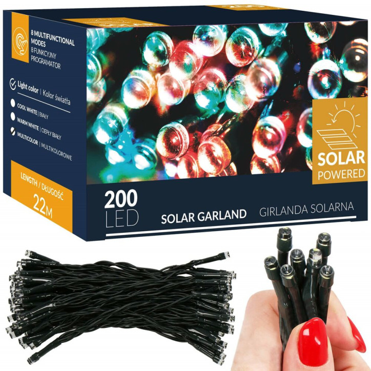LED reťaz - 22m, 200LED, 8 funkcií, solar, IP44, multicolor LED reťaz - 22m, 200LED, 8 funkcií, solar, IP44, multicolor