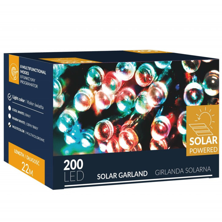 LED reťaz - 22m, 200LED, 8 funkcií, solar, IP44, multicolor LED reťaz - 22m, 200LED, 8 funkcií, solar, IP44, multicolor