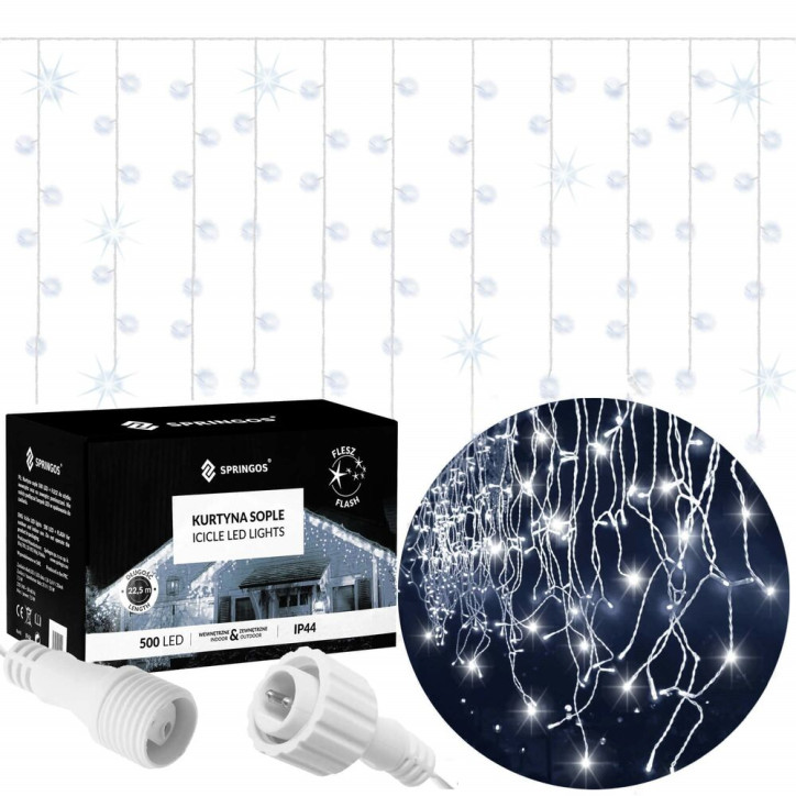 LED kvaple - 22,5m, 500LED, časovač, IP44, studená biela + záblesky LED kvaple - 22,5m, 500LED, časovač, IP44, studená biela + záblesky