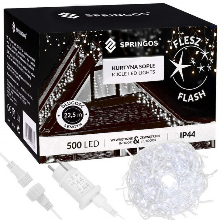 LED kvaple - 22,5m, 500LED, časovač, IP44, studená biela + záblesky LED kvaple - 22,5m, 500LED, časovač, IP44, studená biela + záblesky