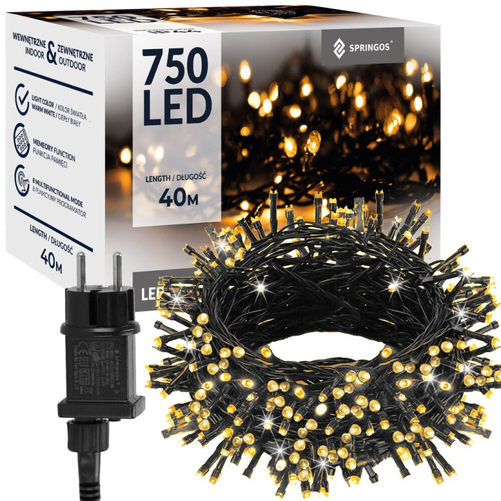 LED svetelná reťaz - 40m, 750LED, 8 funkcií, pamäť, IP44, teplá biela LED svetelná reťaz - 40m, 750LED, 8 funkcií, pamäť, IP44, teplá biela
