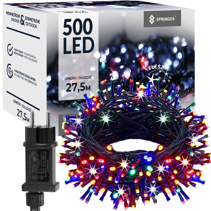 LED svetelná reťaz - 27,5m, 500LED, IP44, multicolor + záblesky LED svetelná reťaz - 27,5m, 500LED, IP44, multicolor + záblesky