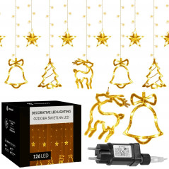 LED záves Vianočné motívy - 3x0,6m, 126LED, 8 funkcií, IP44, teplá biela