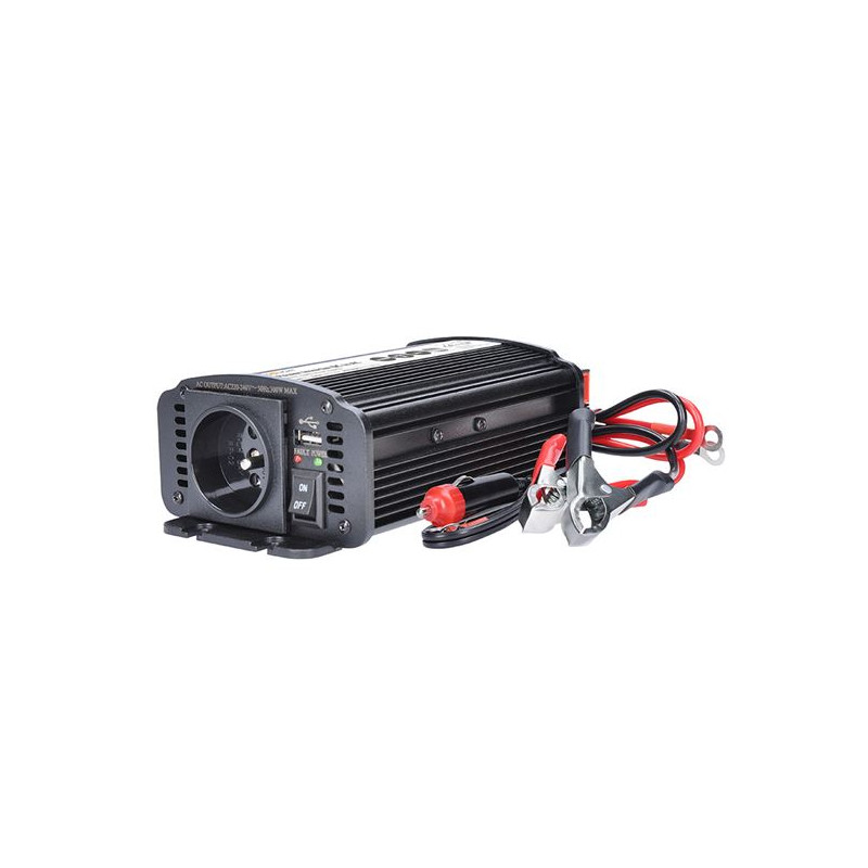 Menič napätia 12V/300W, USB 500mA, kovový