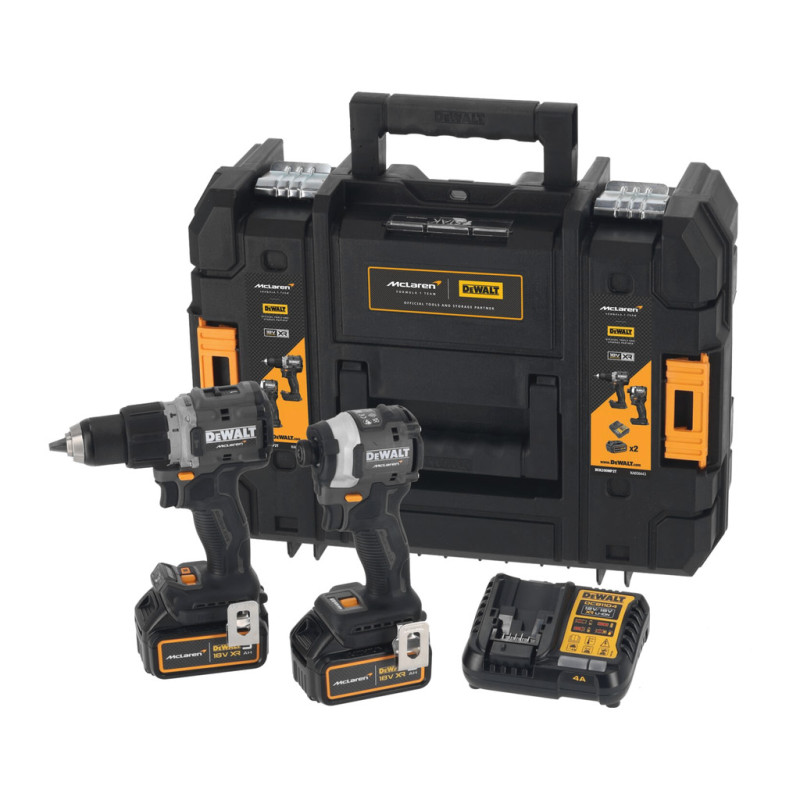 DeWalt Aku KOMBO sada skrutkovača DCD85M a rázového uťahováka DCF85M 18 V XR 2x 5,0 Ah, edícia McLaren F1 Team