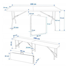 Záhradný rozkladací set stôl a dve lavice 180 cm, čierny