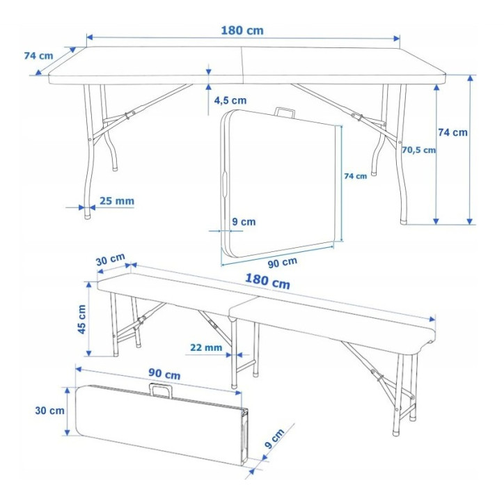 Záhradný rozkladací set stôl a dve lavice 180 cm, čierny