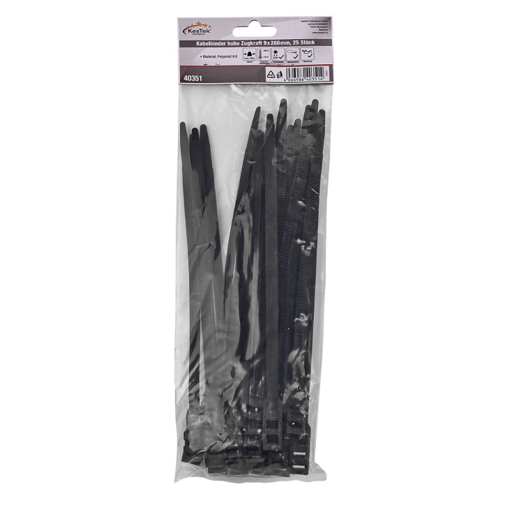 Sťahovacie pásky s vysokou pevnosťou 9x260 mm, čierne, 25 ks